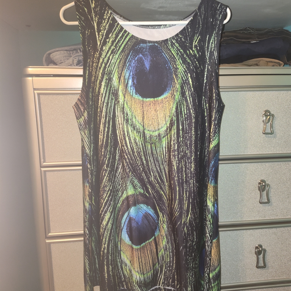 Source Unknown Peacock-Print Sleeveless Tunic - Black/Green/Blue